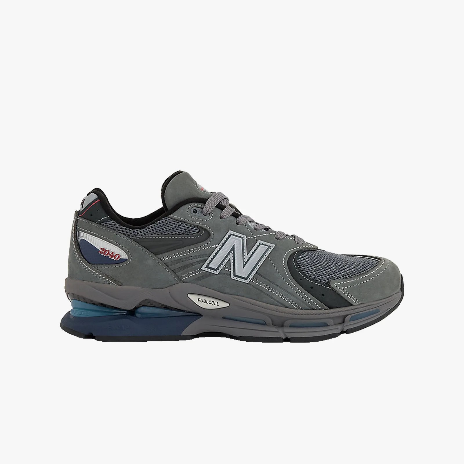 Gray and navy New Balance 2040 sneaker with mesh and suede upper and FuelCell sole.