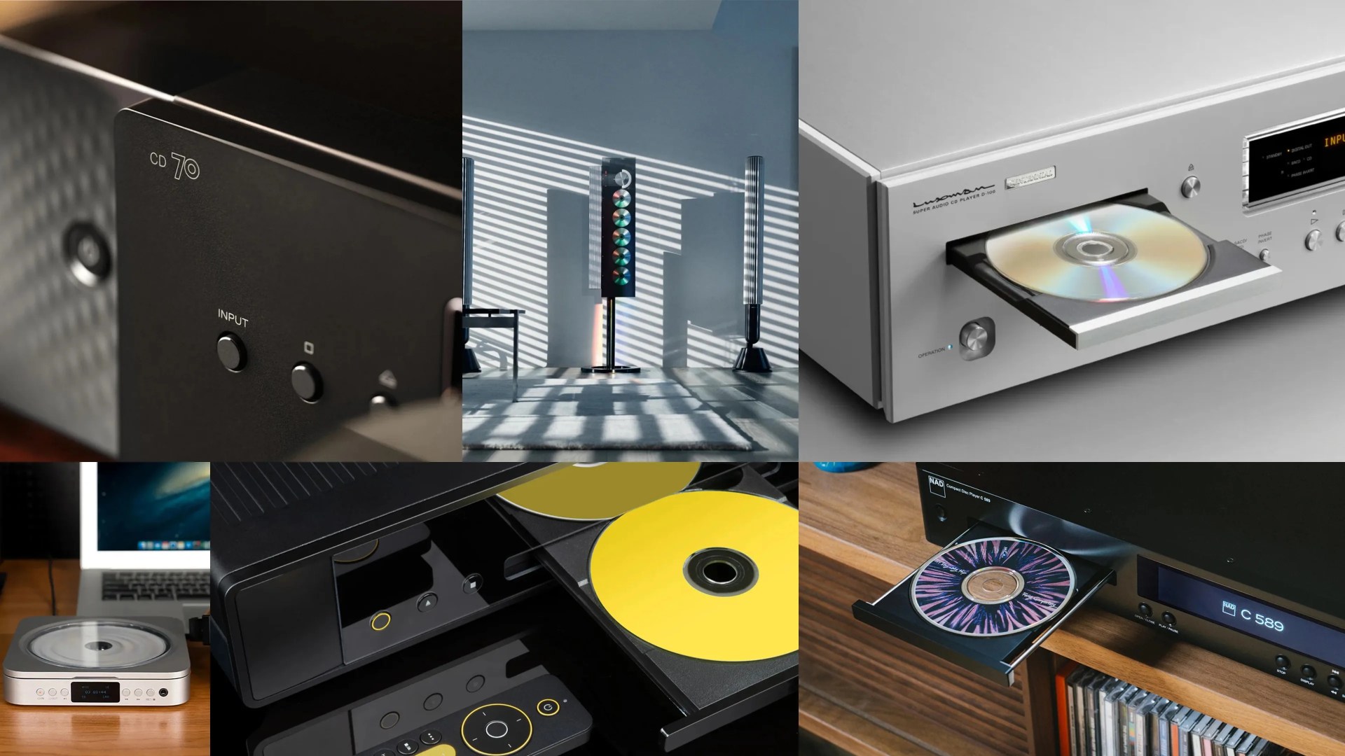 Collage of six images showing various CD players and audio equipment, including close-ups of CD trays with discs, control buttons, and a modern speaker system in a sunlit room.