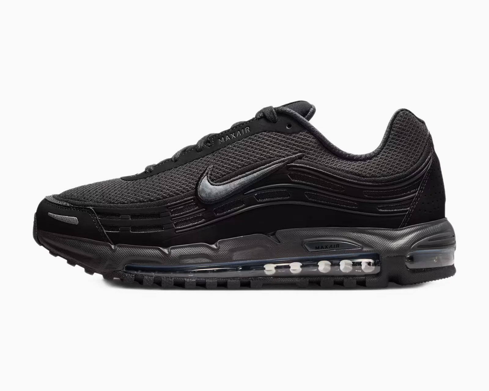 Black Nike Air Max sneaker with mesh upper and visible air cushioning in the sole.