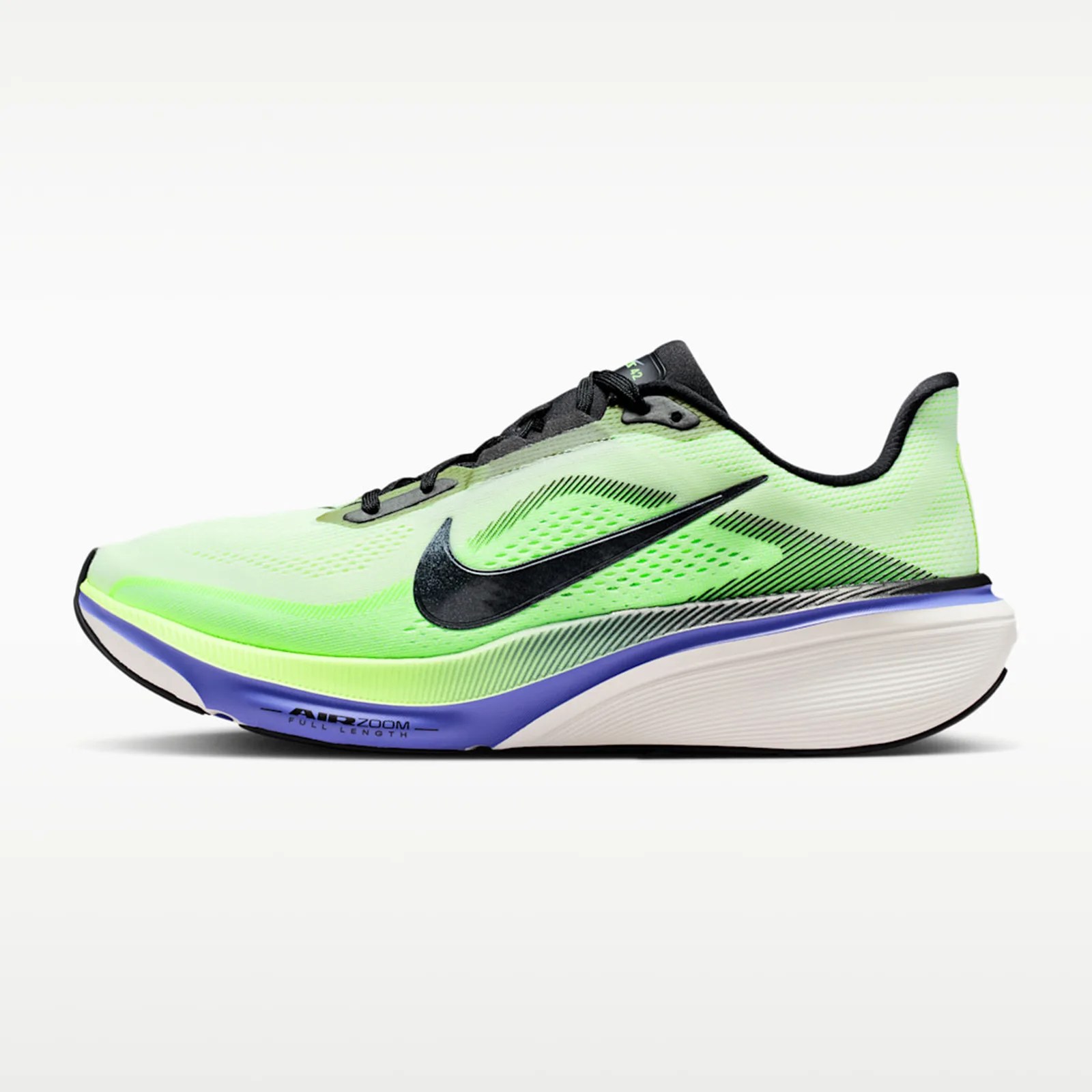 Neon green Nike running shoe with black swoosh, black laces, and blue and white sole.