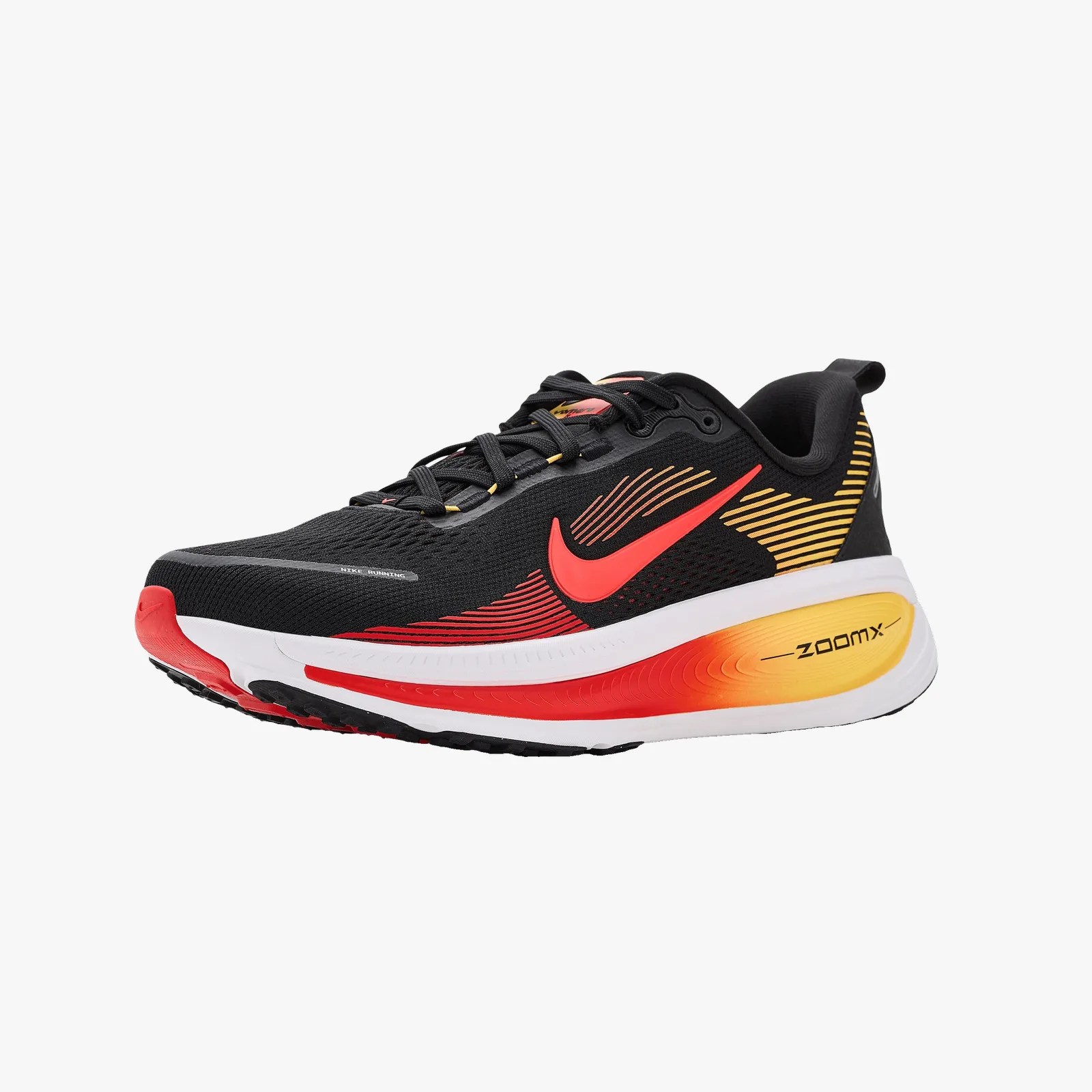 Black Nike ZoomX running shoe with red and yellow gradient accents and white sole.
