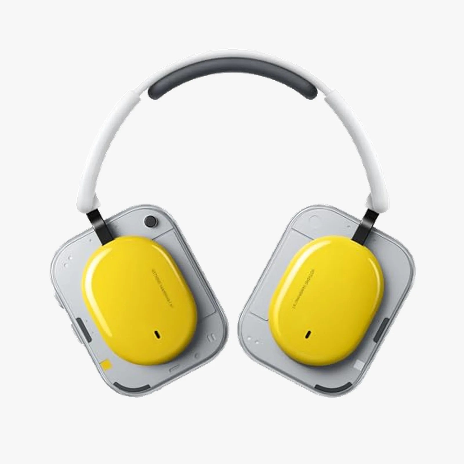White and black headband headphones with yellow ear cushions and gray square ear cups.