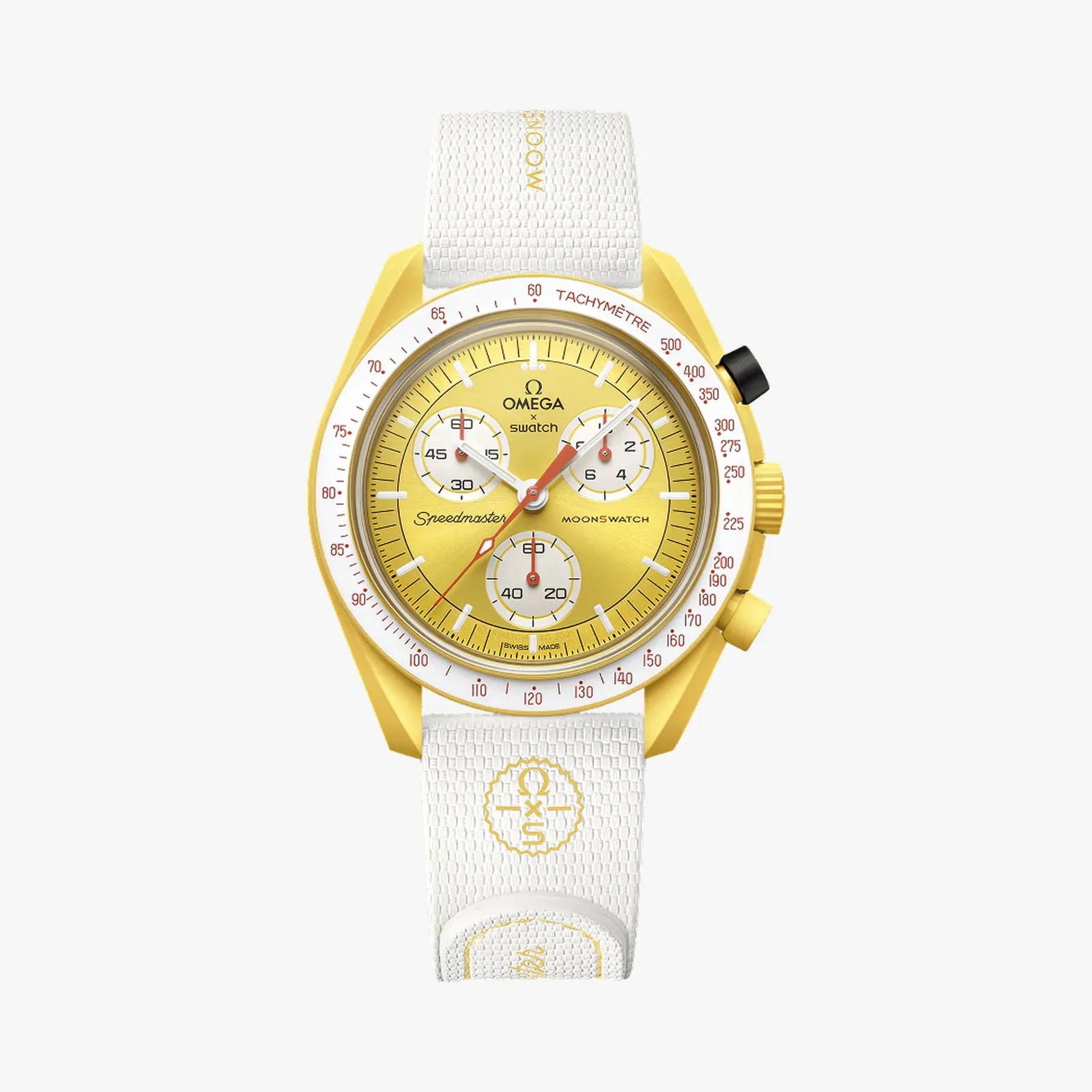 Yellow Omega x Swatch Speedmaster MoonSwatch with white tachymeter bezel and white textured strap.