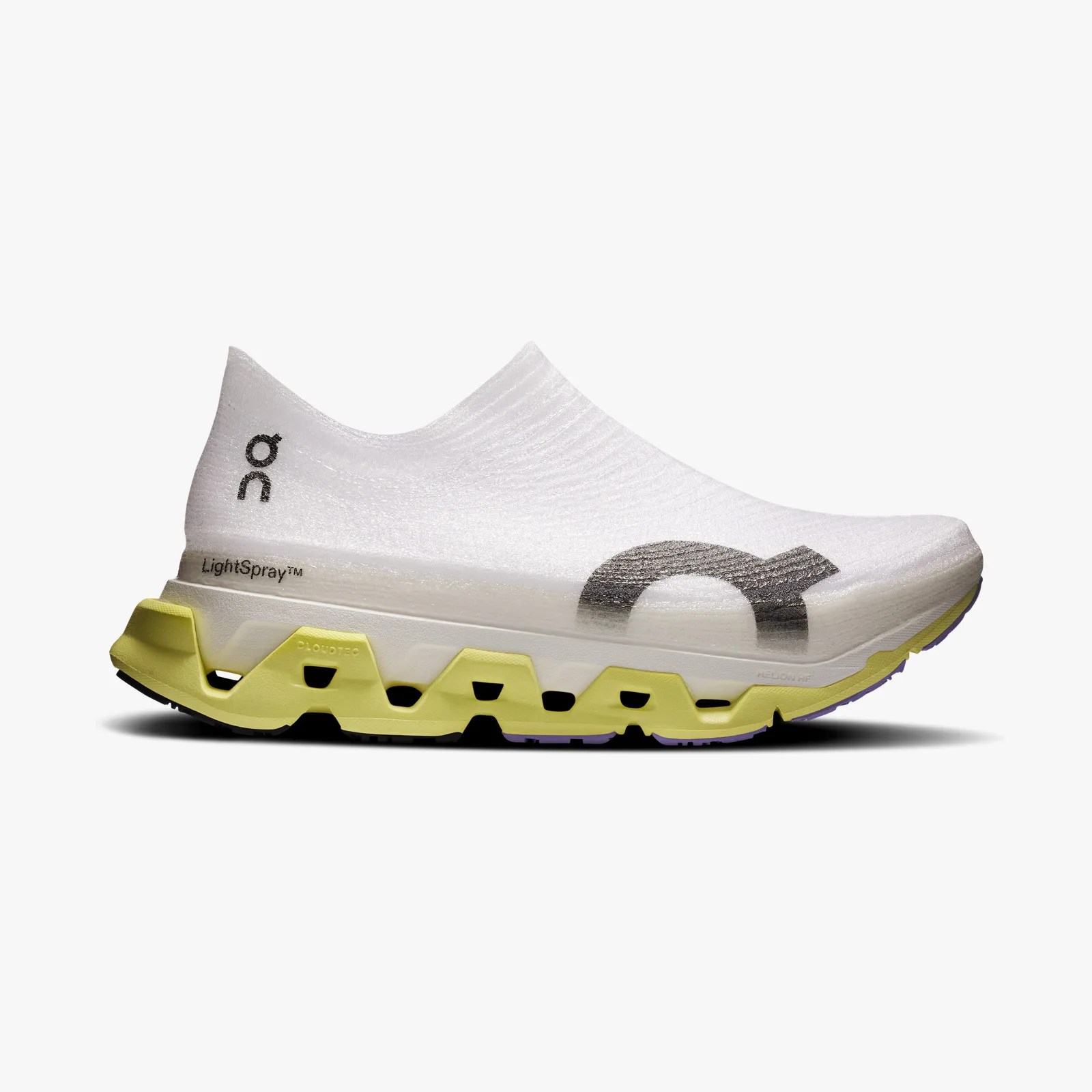White slip-on athletic shoe with black logo on side and yellow cushioned sole.