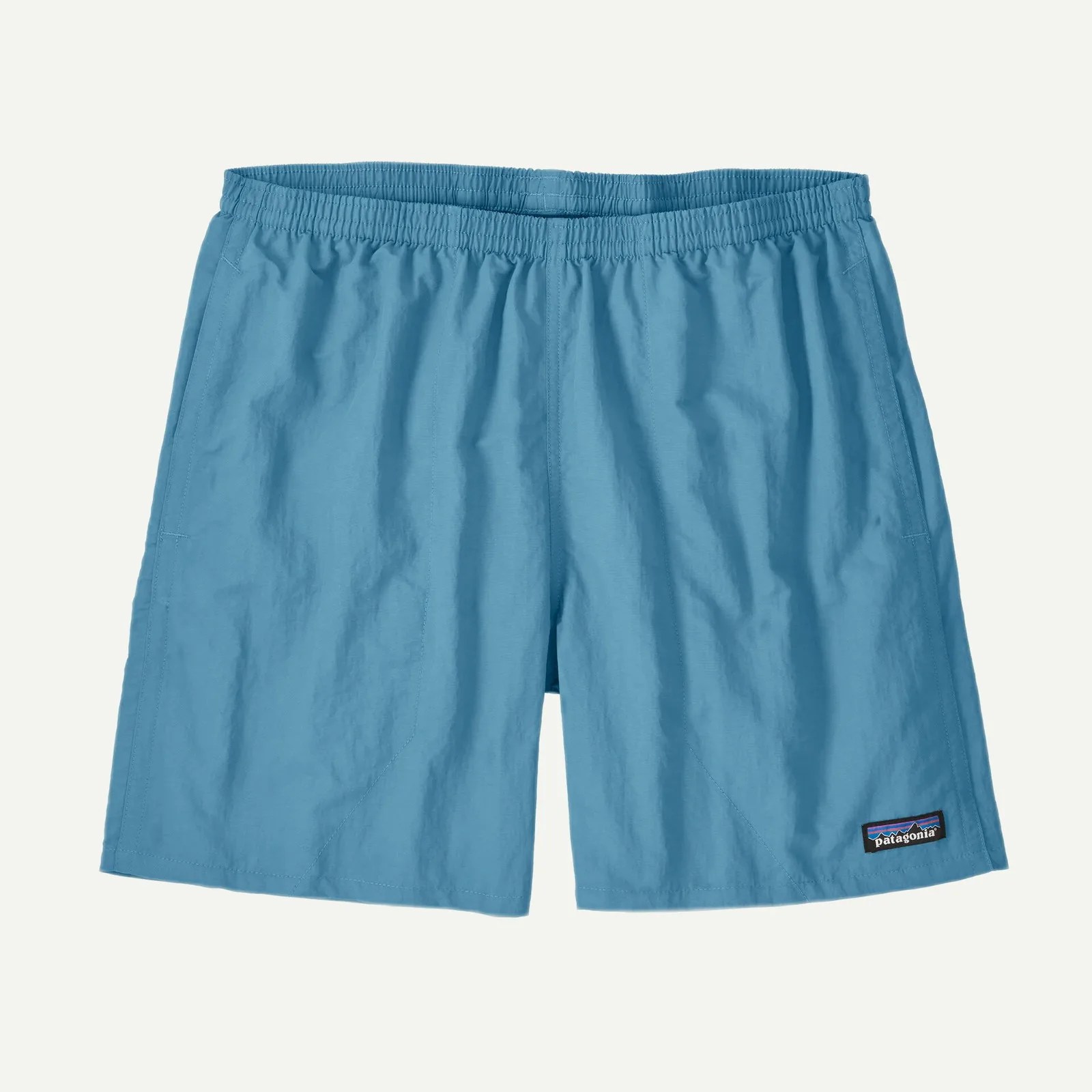 Blue Patagonia shorts with elastic waistband and logo patch near hem.
