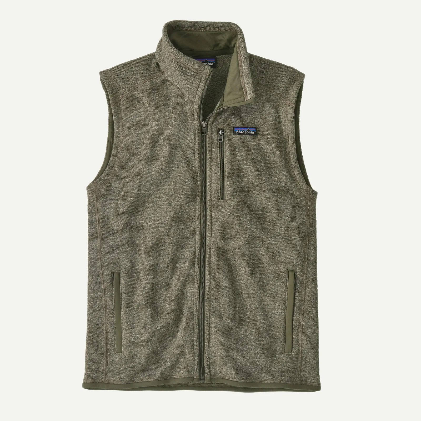 Olive-green Patagonia fleece vest with full front zipper and zippered chest pocket.