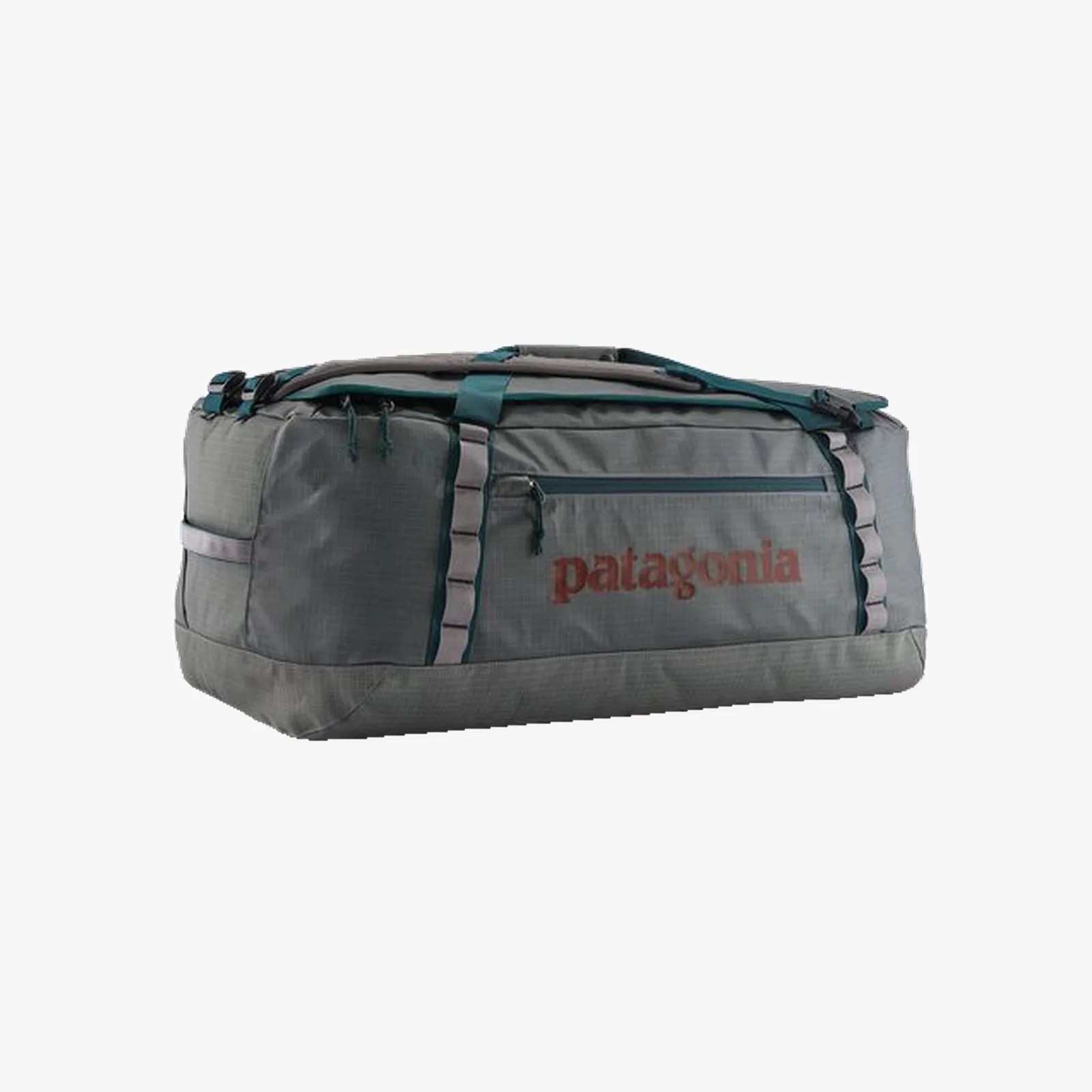 Gray Patagonia duffel bag with teal straps and front zipper pocket.
