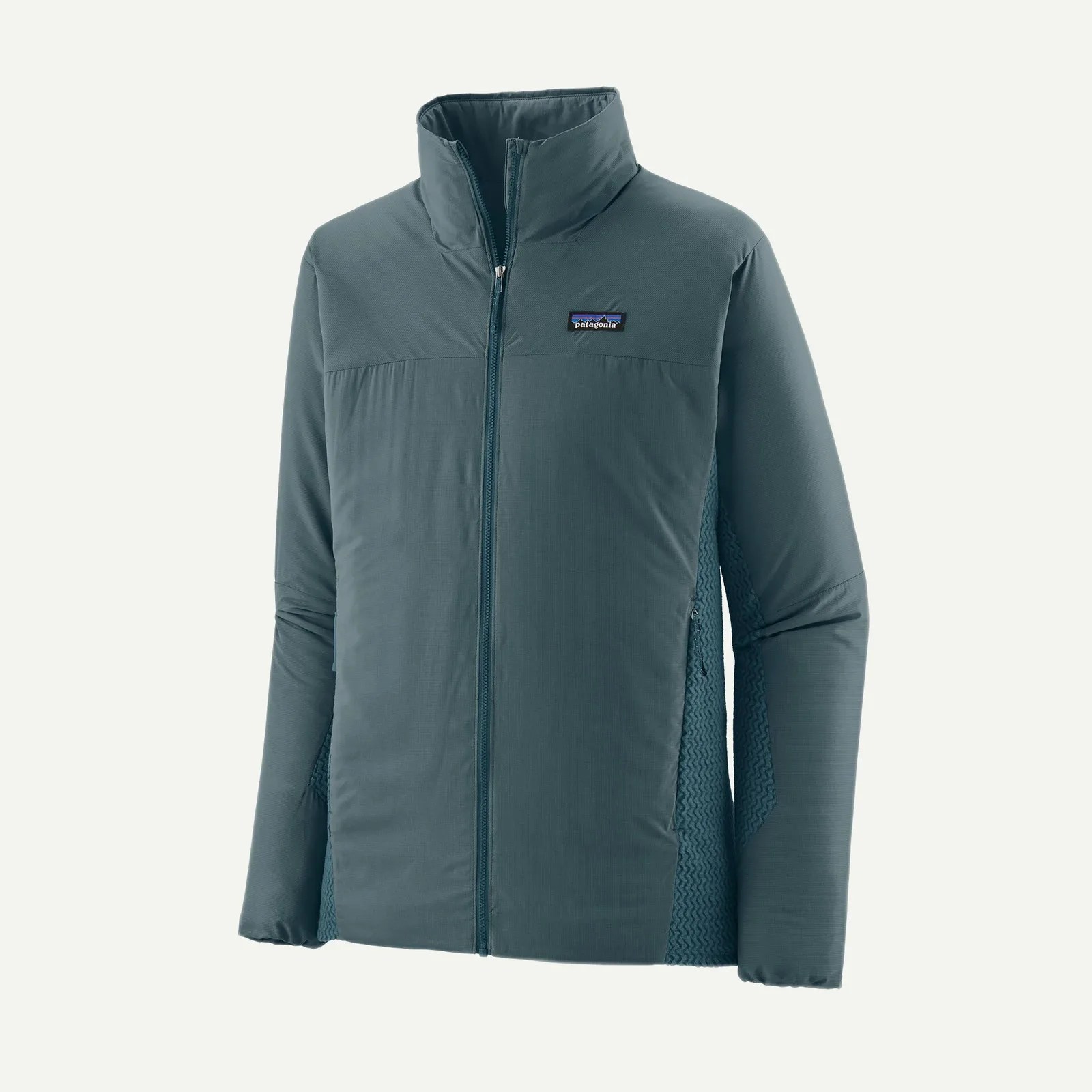 Teal Patagonia insulated jacket with full front zipper and high collar.