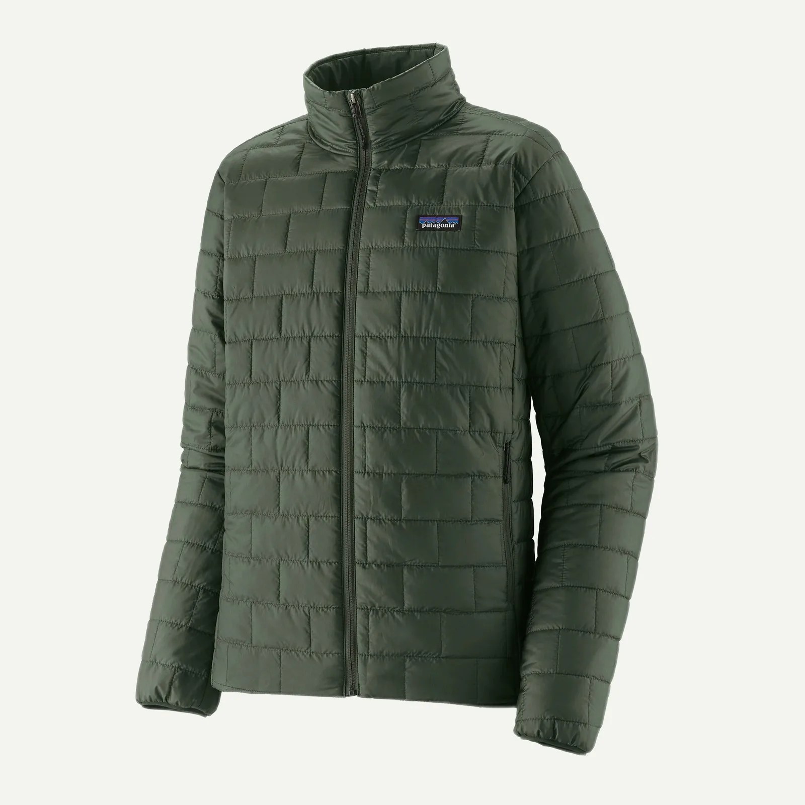 Olive green quilted Patagonia jacket with full front zipper and stand collar.