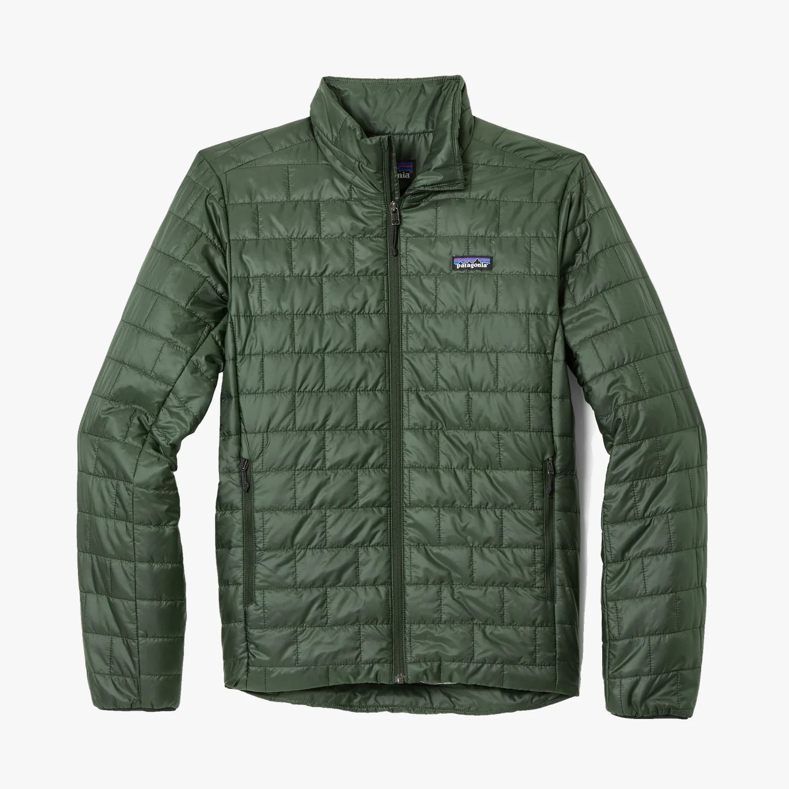 Olive-green quilted Patagonia jacket with full front zipper and zippered side pockets.