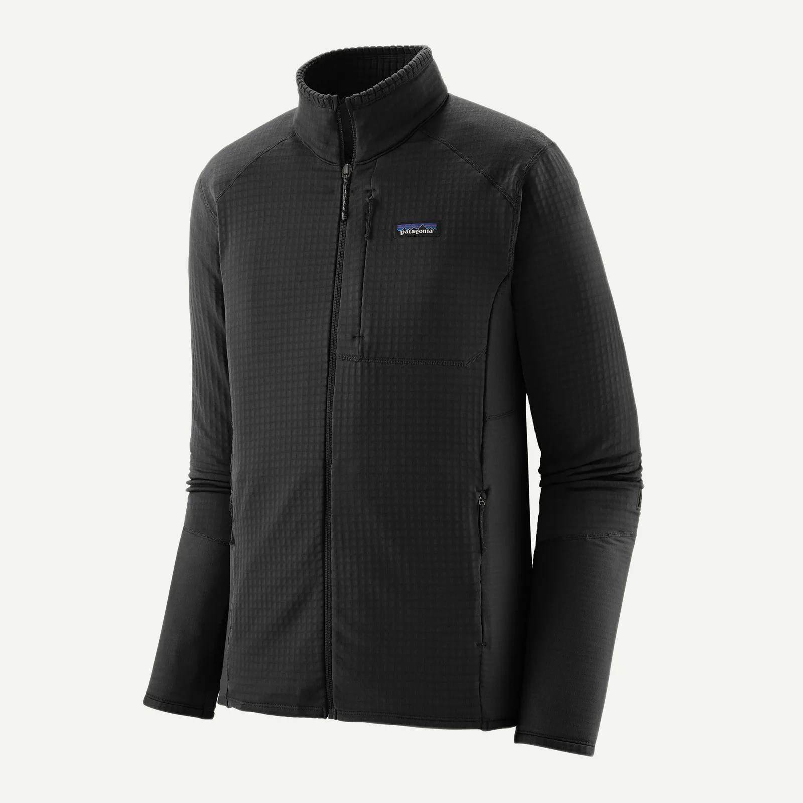 Black Patagonia full-zip jacket with textured fabric and zippered chest pocket.