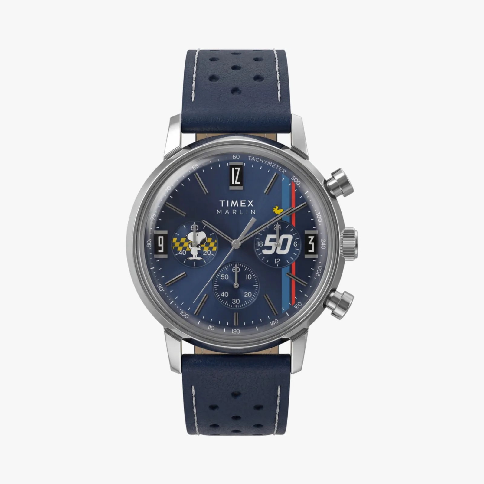 Round silver Timex Marlin watch with blue dial featuring Snoopy and Woodstock, blue perforated leather strap.