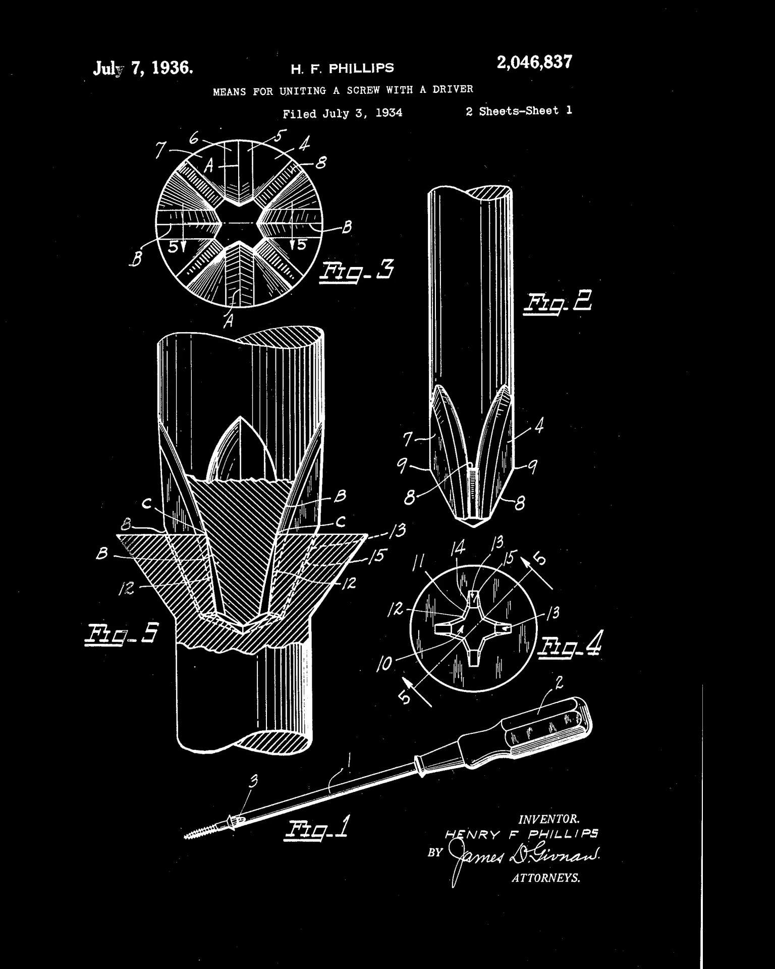 Patent drawing of a Phillips screwdriver and screw head design with detailed sectional views and labeled parts.