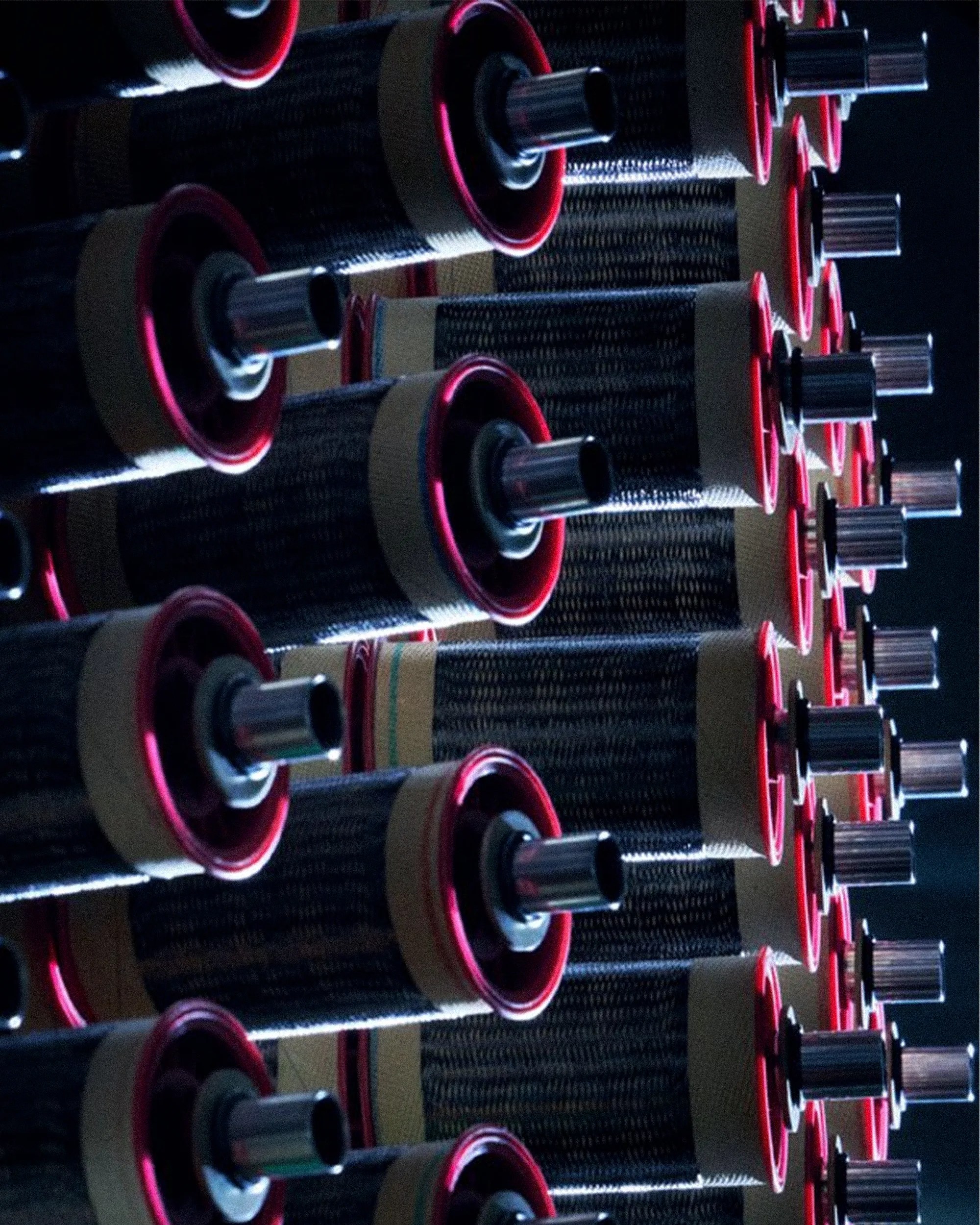 Rows of cylindrical carbon fiber tubes with metal ends and red rims stacked vertically.