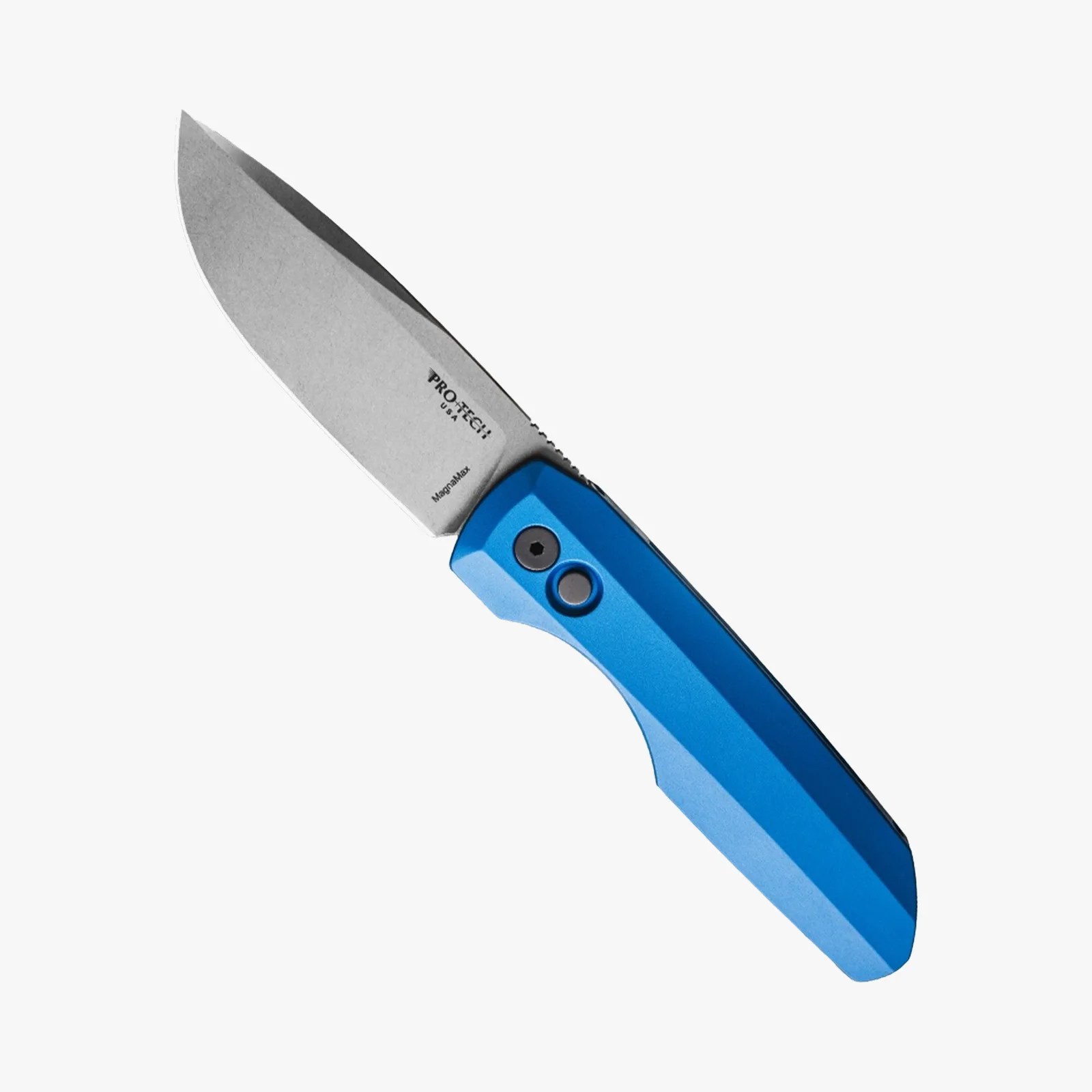 Knife with a stonewashed blade and blue handle, labeled "PRO-TECH USA" and "MagnaMax.