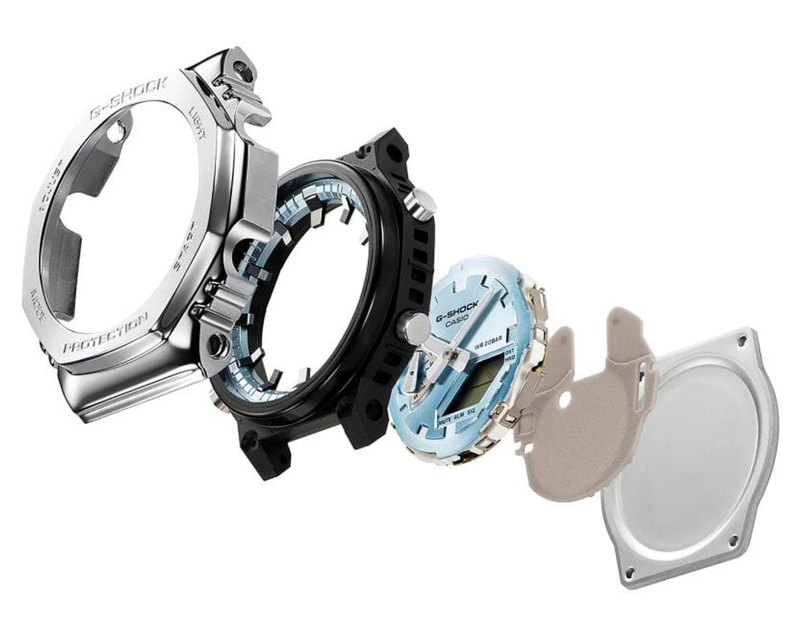 Exploded view of a Casio G-Shock watch showing the metal bezel, black case, blue dial with hands, internal components, and back cover.