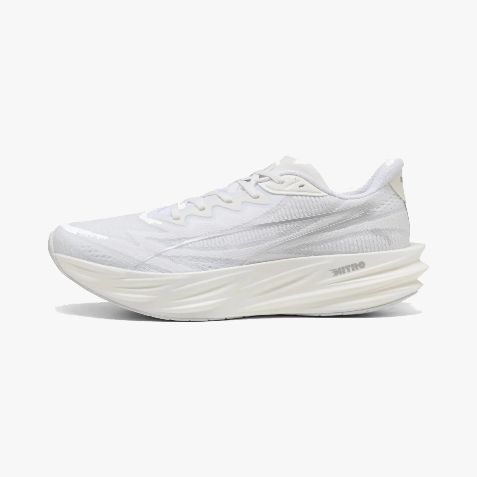 White running shoe with thick, sculpted sole and subtle silver logo on the side.