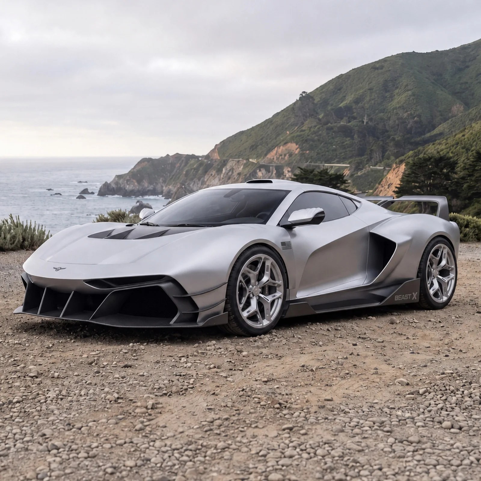 Matte silver Beast X sports car with aerodynamic design parked on rocky ground near ocean cliffs.