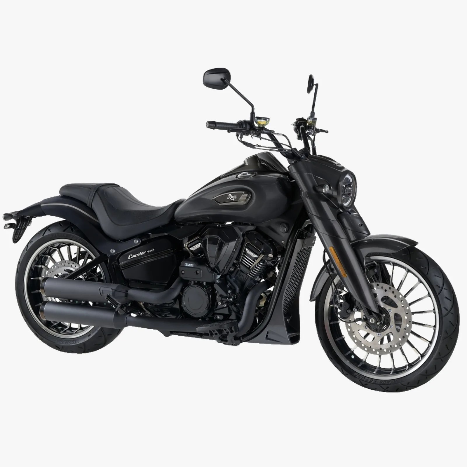 Matte black cruiser motorcycle with dual exhaust pipes and spoked wheels.
