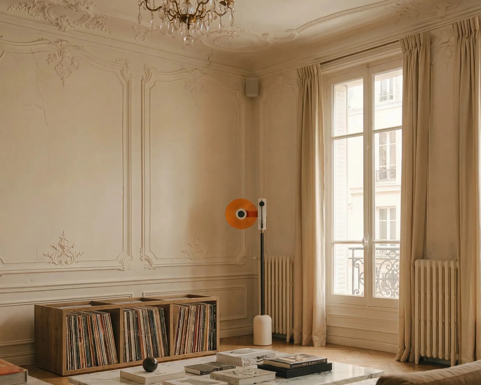 Wooden record storage unit filled with vinyl records in a beige room with ornate molding and a large window with curtains.