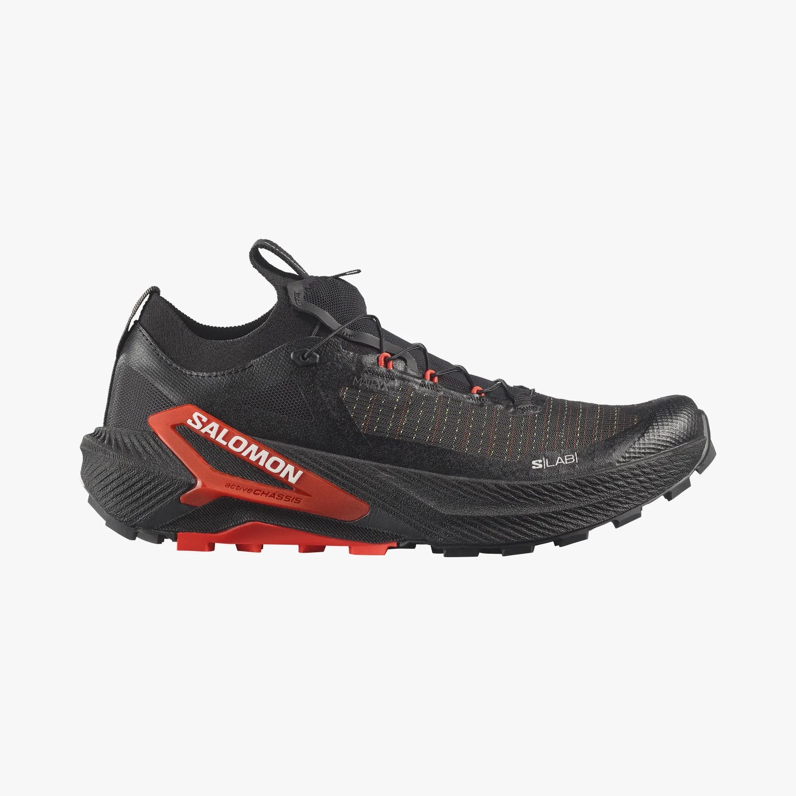 Black and red Salomon trail running shoe with mesh upper and active chassis sole.
