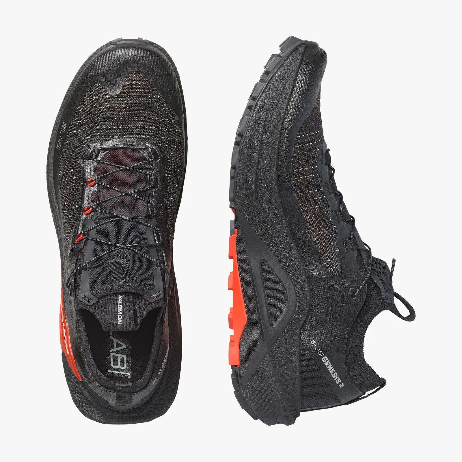 Pair of black Salomon S/LAB Genesis 2 trail running shoes with red accents, shown from top and side views.
