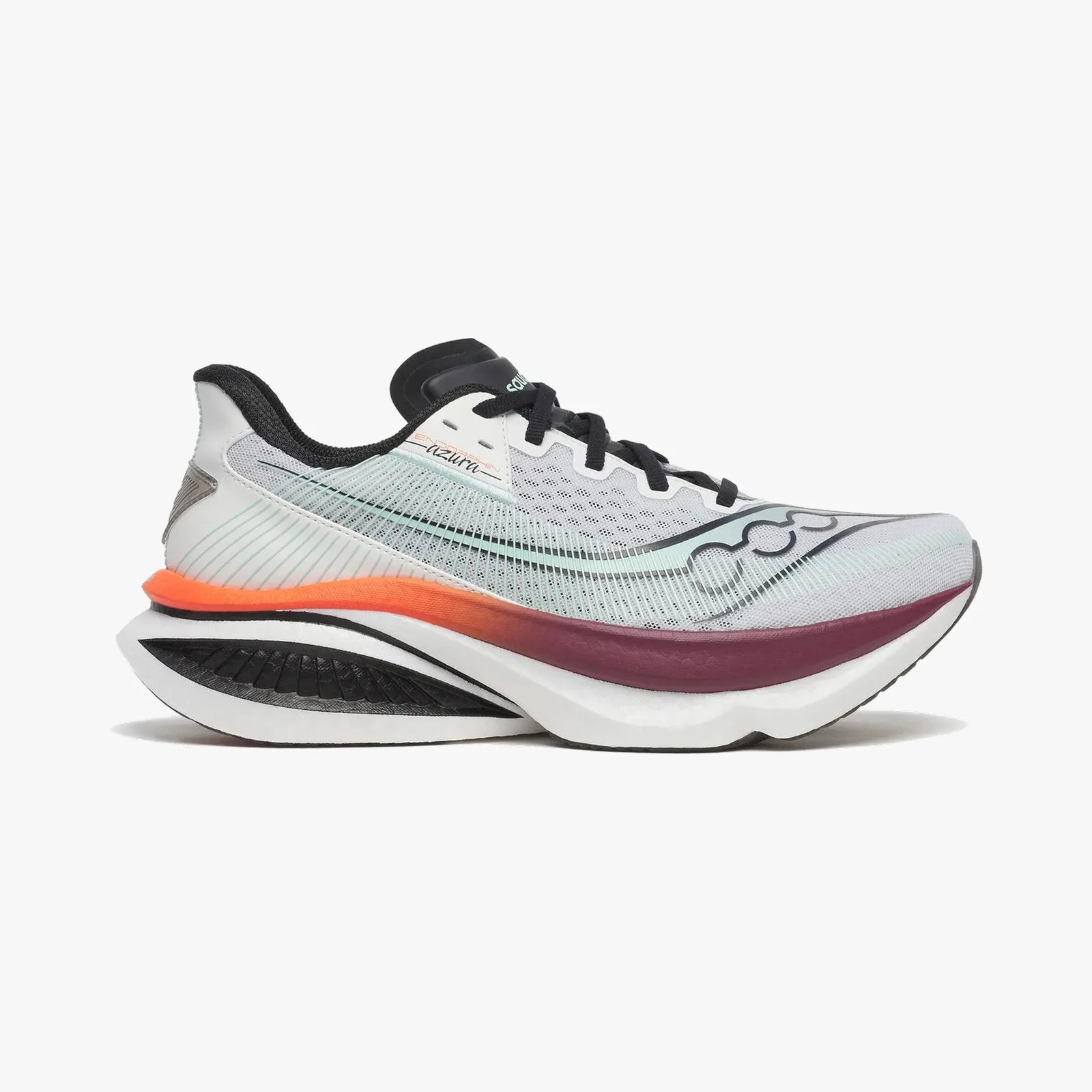 White and light blue Saucony Azura running shoe with black laces and a thick sole featuring orange and maroon accents.