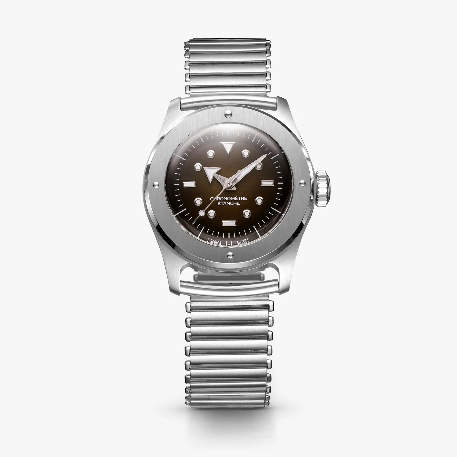 Stainless steel wristwatch with a black dial, large arrow hour hand, and metal expandable bracelet.