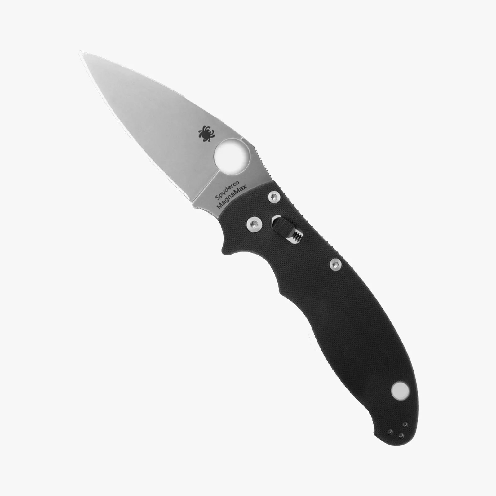 Folding knife with a silver blade marked "Spyderco MagnaMax" and a black textured handle.