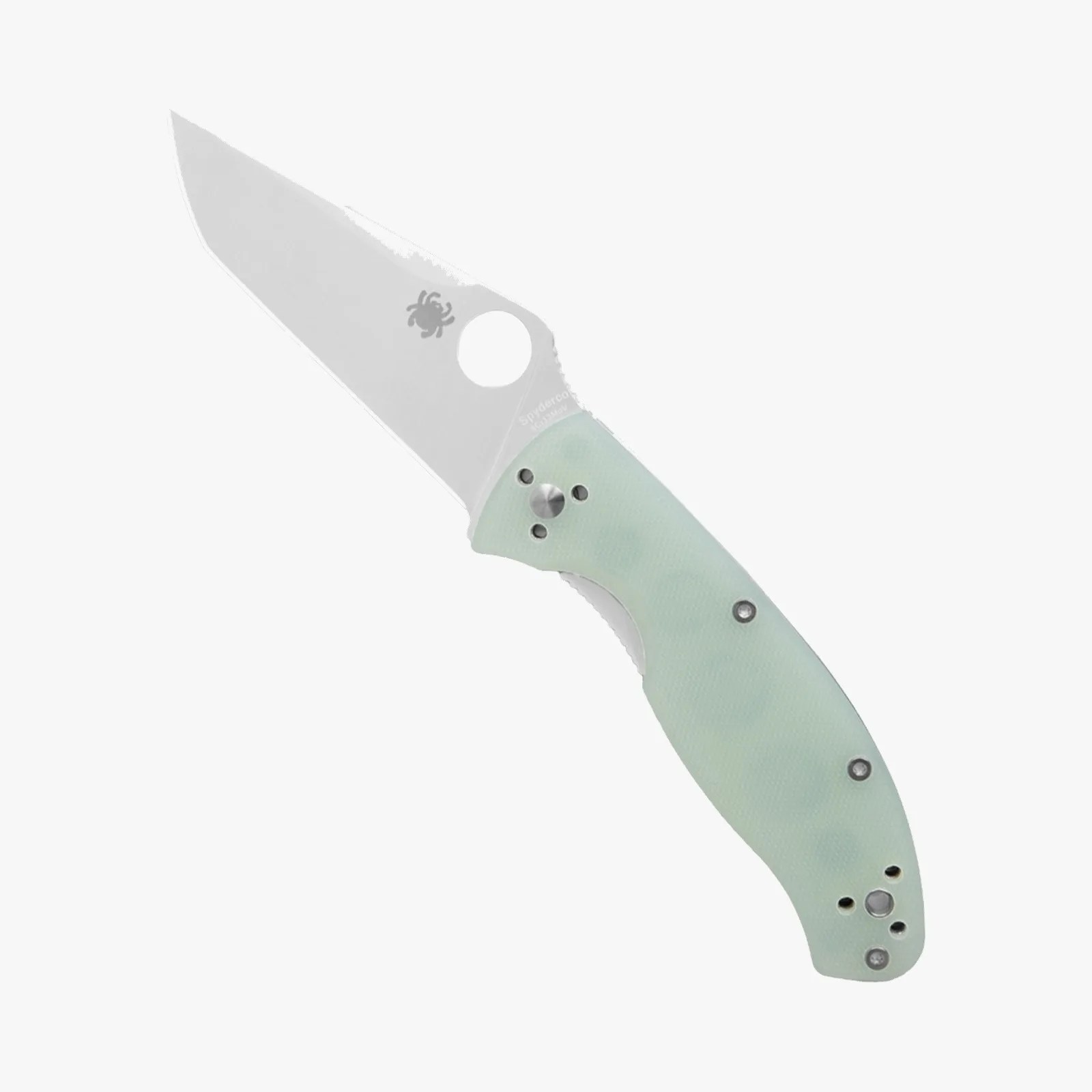 Folding knife with a silver blade and light green textured handle, featuring a round hole near the blade base.