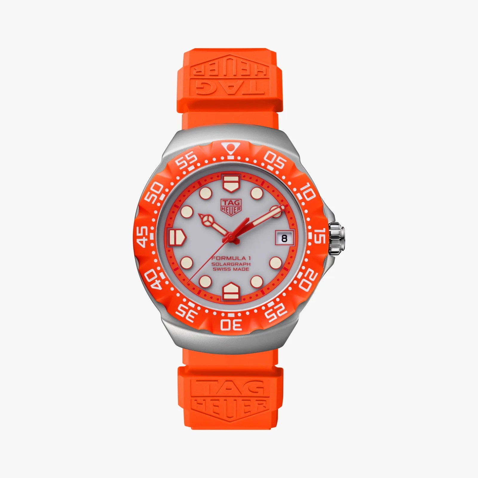 TAG Heuer Formula 1 watch with orange rubber strap, orange bezel, and white dial with date window.