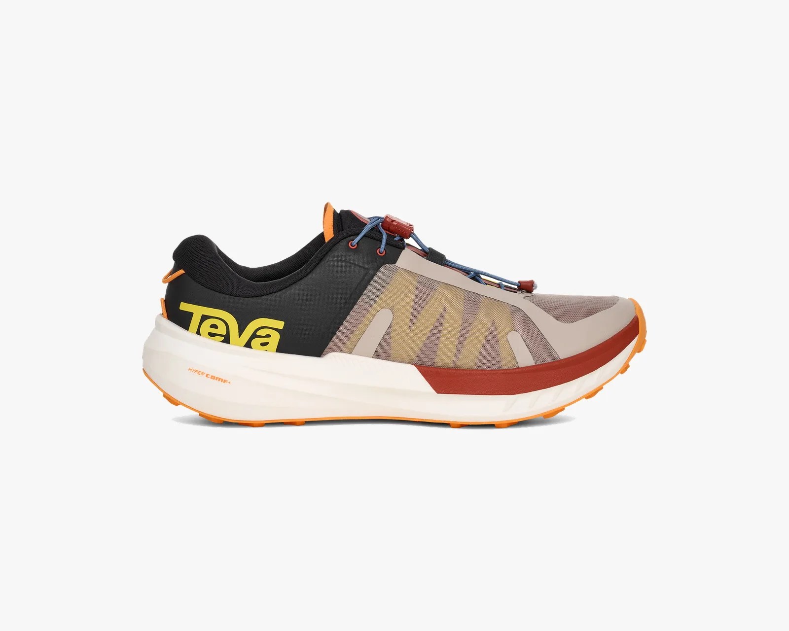 Beige and black Teva sneaker with yellow logo, red accents, blue laces, and white sole with orange tread.
