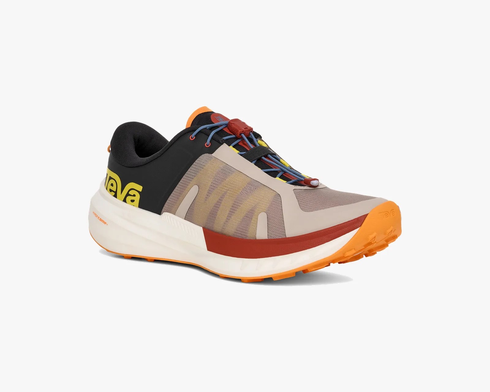 Beige, black, and orange Teva athletic shoe with blue laces and yellow logo on the heel.
