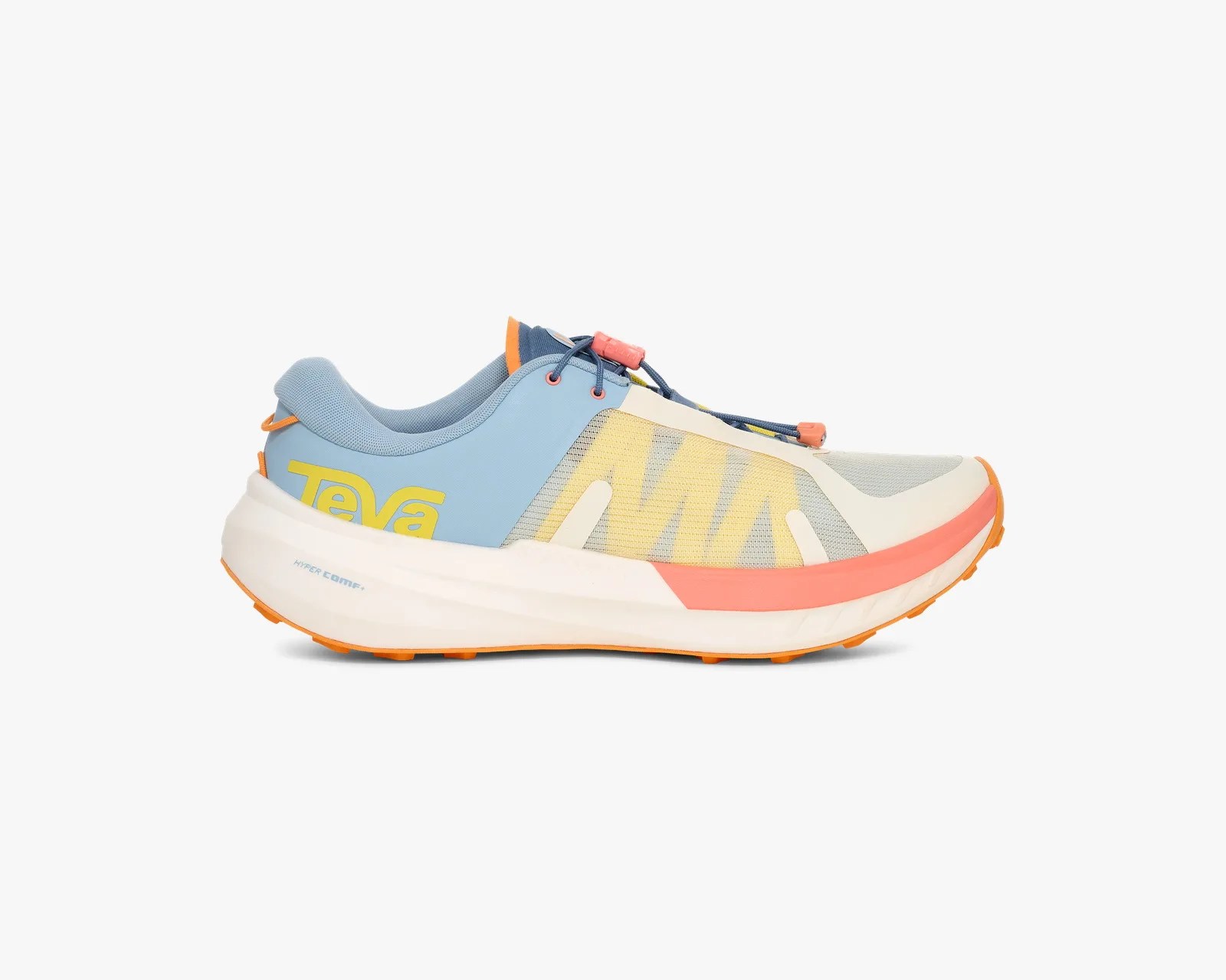 Light blue and beige Teva sneaker with yellow logo, coral accents, and orange sole viewed from the side.