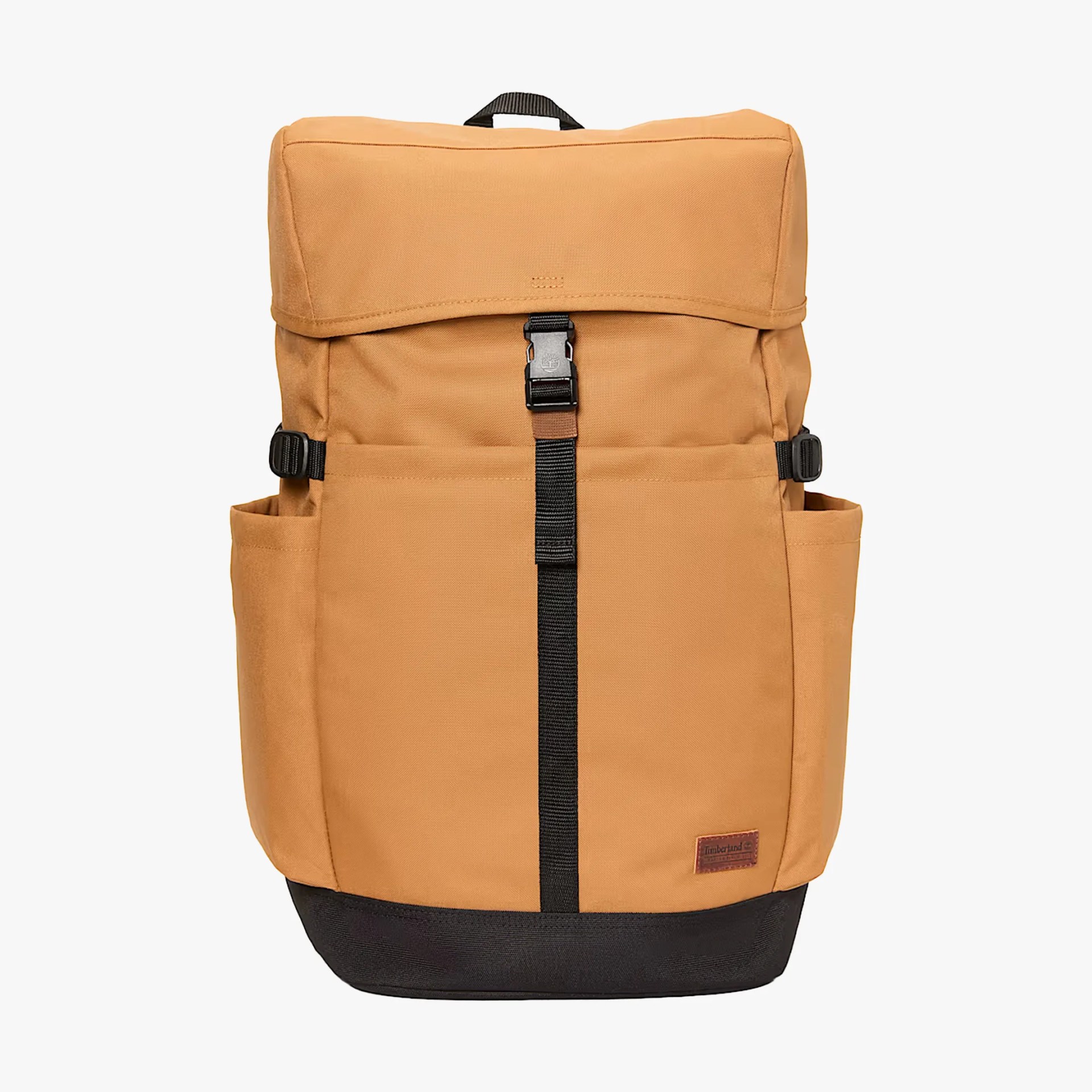 Tan canvas backpack with black bottom, black buckle strap, side pockets, and Timberland logo patch.
