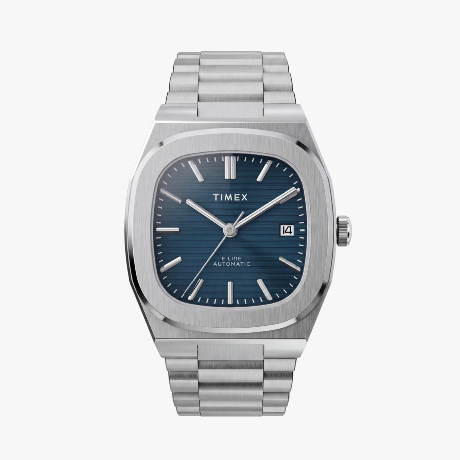 Stainless steel Timex wristwatch with blue textured dial, silver hour markers, and date display at 3 o'clock.