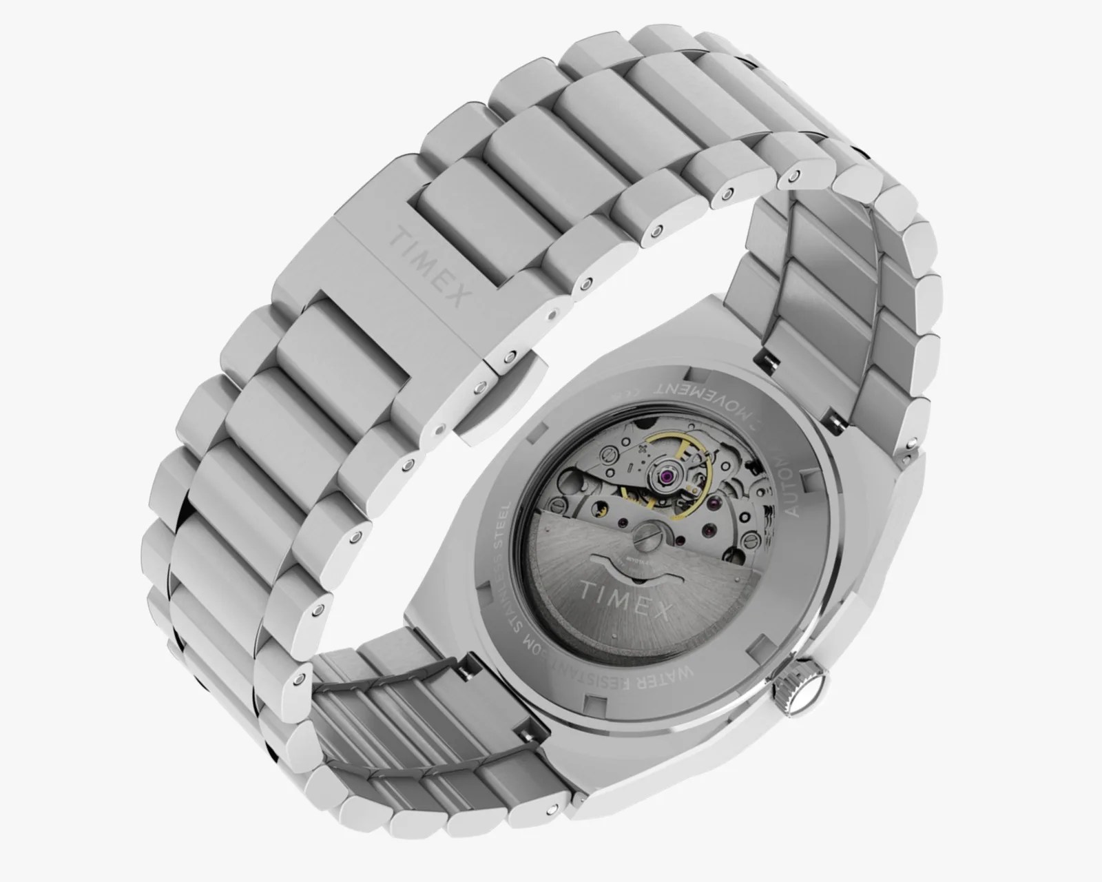 Silver stainless steel Timex watch band and case back showing automatic movement through transparent window.