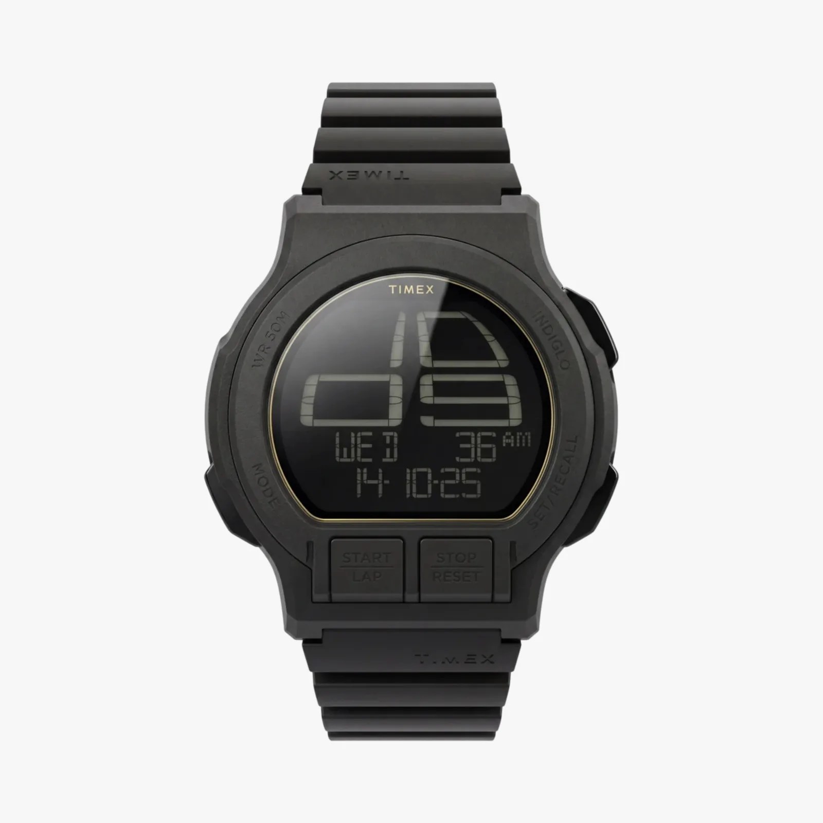 Black digital Timex watch with rectangular face and segmented rubber strap.