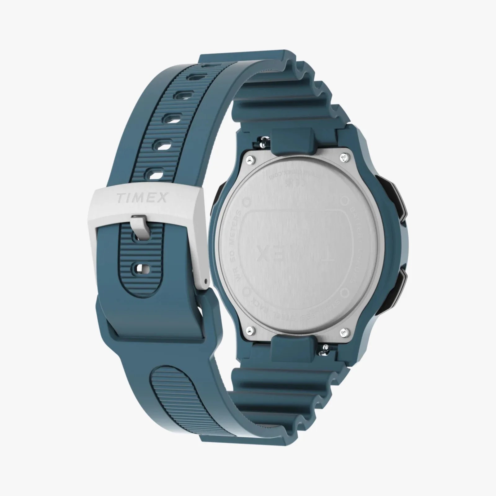 Blue Timex watch strap with silver buckle and stainless steel back case.