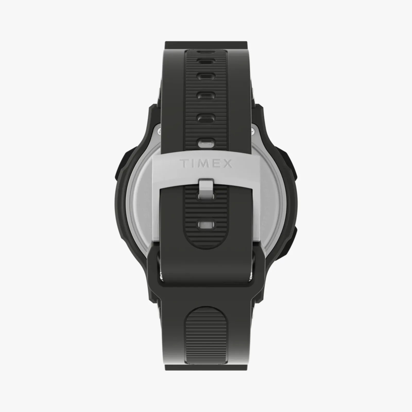 Black watch strap with ridged texture and silver buckle engraved with "TIMEX" on a silver watch back.