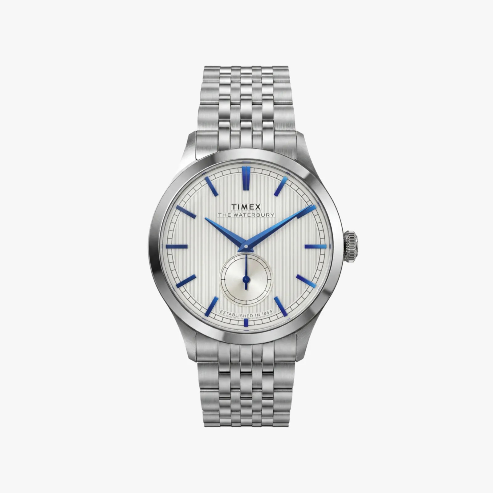Silver Timex Waterbury wristwatch with blue hour markers and hands, featuring a stainless steel link bracelet.