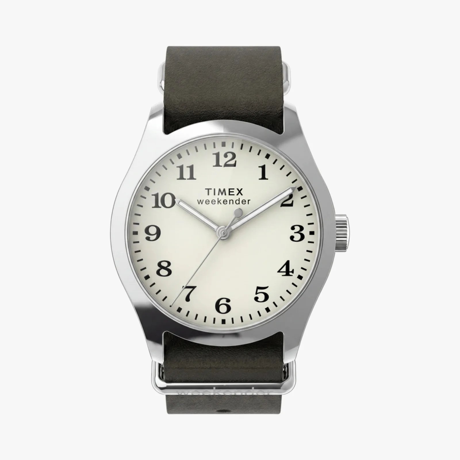 Timex Weekender watch with a silver case, white dial, black numerals, and black leather strap.