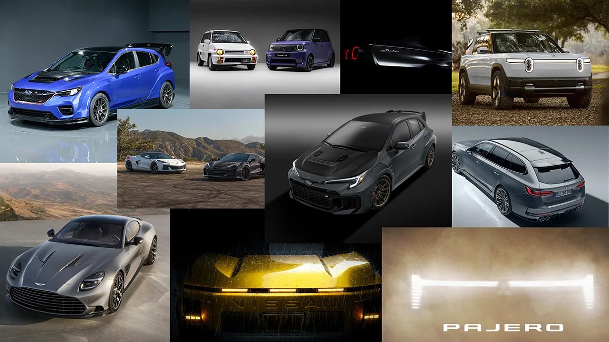 Collage of various modern and concept cars including a blue Subaru hatchback, white and purple compact cars, a silver SUV, two sports cars in a mountainous area, a gray sports car, a yellow Nissan front in rain, and a glowing Pajero logo.