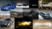 Collage of various modern and concept cars including a blue Subaru hatchback, white and purple compact cars, a silver SUV, two sports cars in a mountainous area, a gray sports car, a yellow Nissan front in rain, and a glowing Pajero logo.