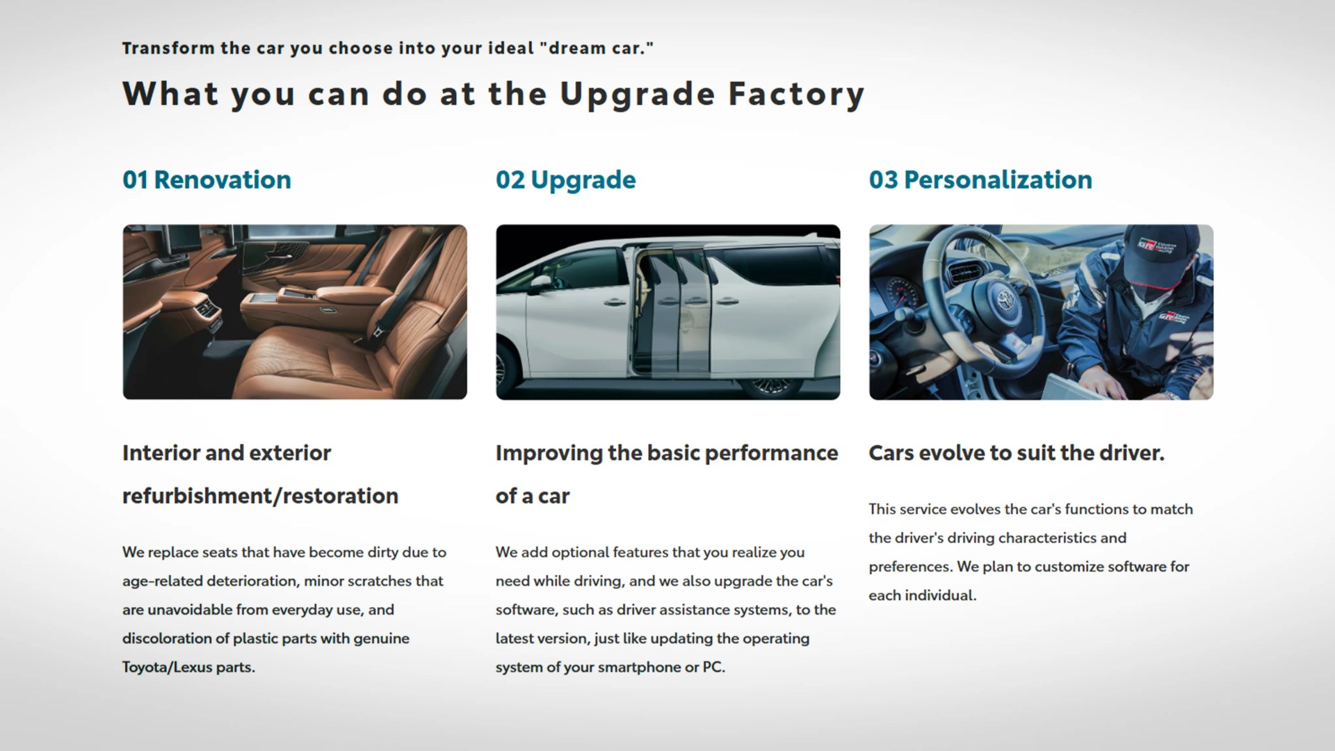 Car upgrade service options showing brown leather car interior, white minivan with sliding doors open, and person in branded jacket working inside a car.