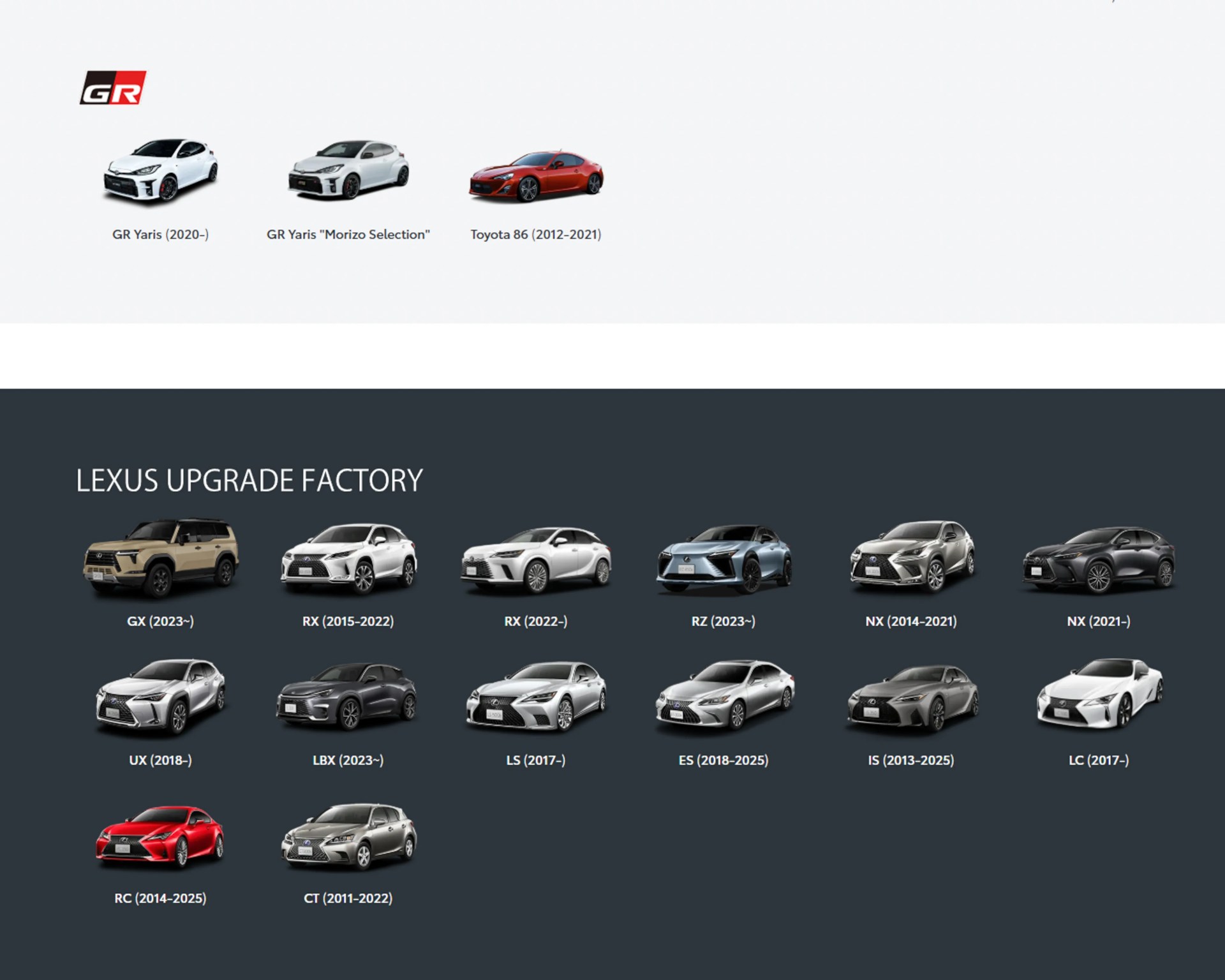 Row of Lexus SUV and sedan models in various colors on a dark background labeled "LEXUS UPGRADE FACTORY" with model names and years below each car.