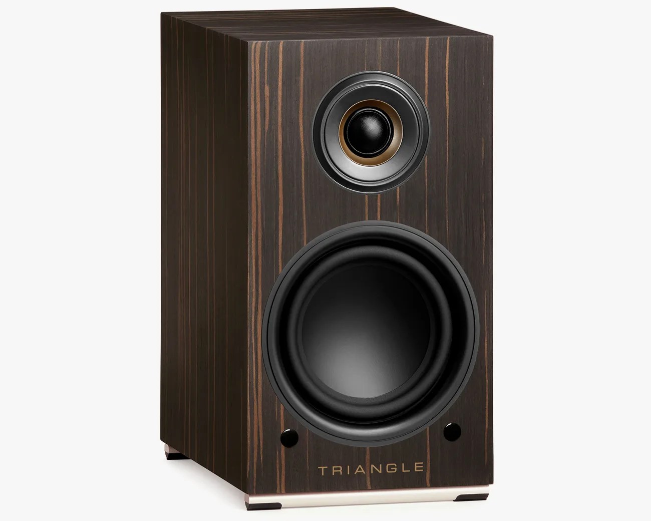 Dark wood-finished Triangle speaker with two drivers and gold logo on the front panel.