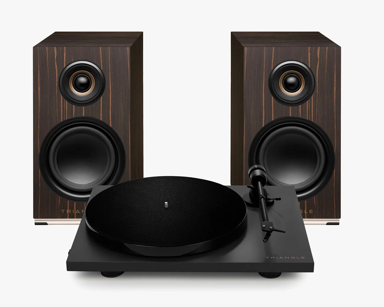 Black turntable with tonearm and two dark wood bookshelf speakers with black and gold drivers.