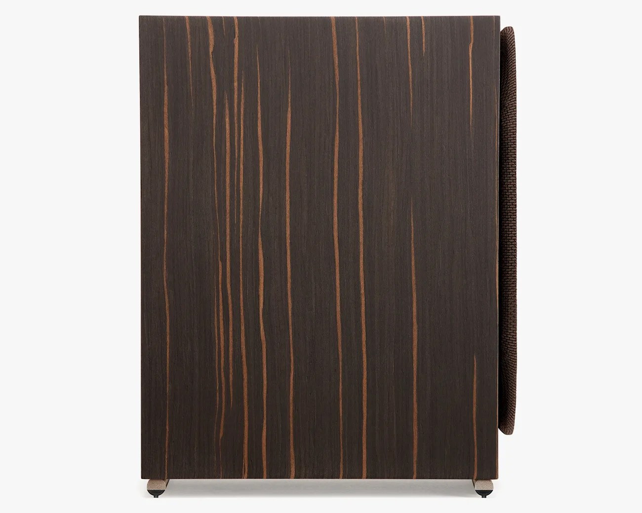Side view of a dark wood speaker cabinet with vertical grain patterns and small feet at the bottom.
