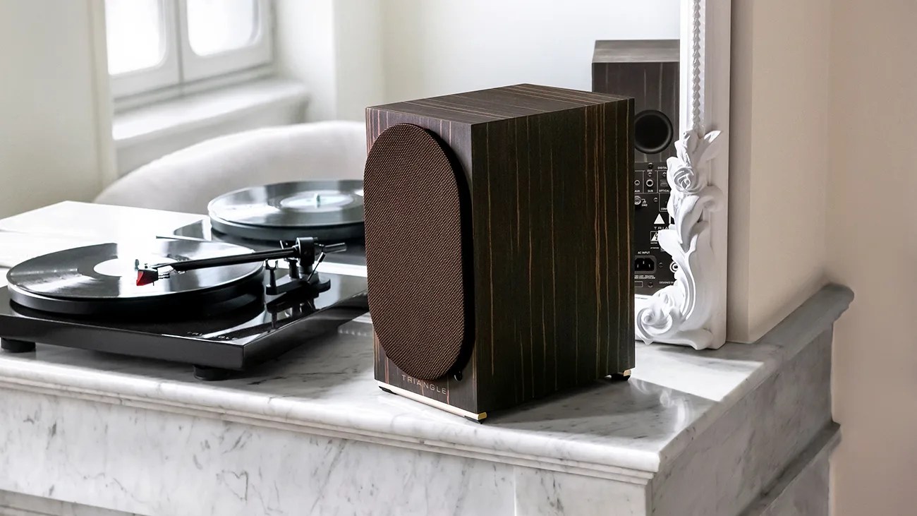 Dark wood rectangular speaker with brown fabric grille on a marble mantel next to a black turntable.
